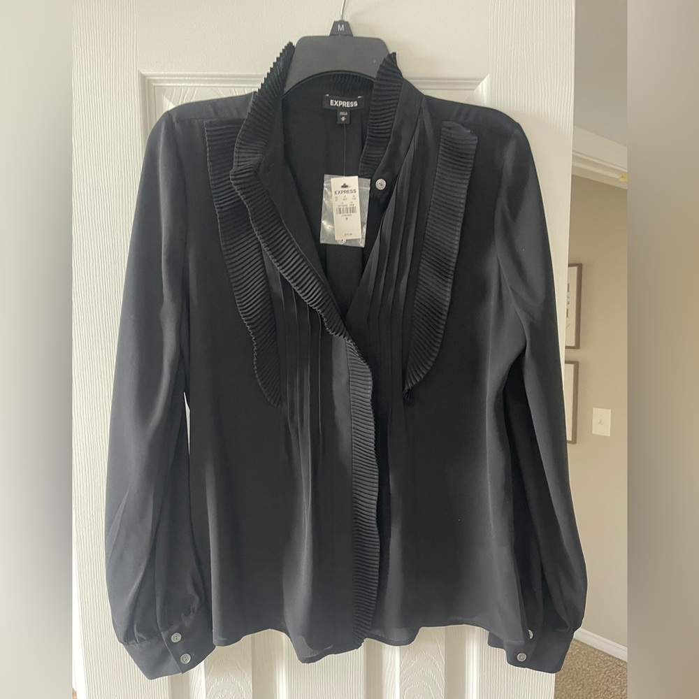 NWT! Express Black Pleated Ruffle Front Shirt